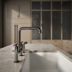 Two-hole bridge kitchen sink faucet with side sprayer^Kohler Hot