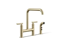 Two-hole bridge kitchen sink faucet with side sprayer^Kohler Hot