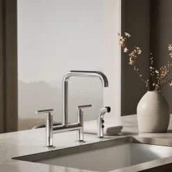 Two-hole bridge kitchen sink faucet with side sprayer^Kohler Hot