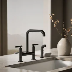 Two-hole bridge kitchen sink faucet with side sprayer^Kohler Hot