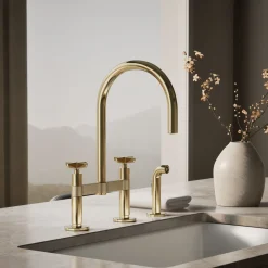 Two-hole bridge kitchen sink faucet with side sprayer^Kohler Discount