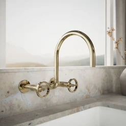 Two-hole wall-mount bridge kitchen sink faucet^Kohler Hot