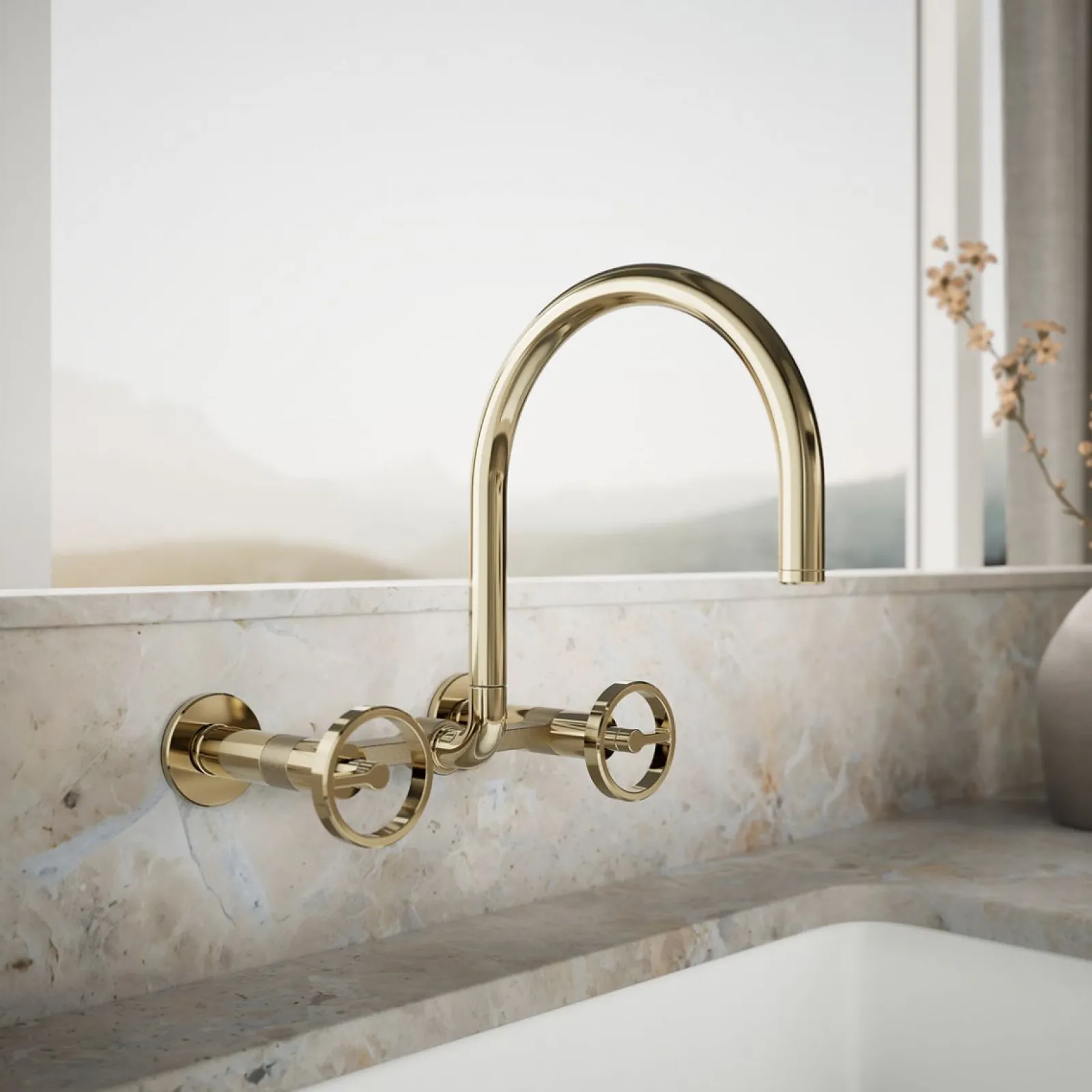 Two-hole wall-mount bridge kitchen sink faucet^Kohler Hot