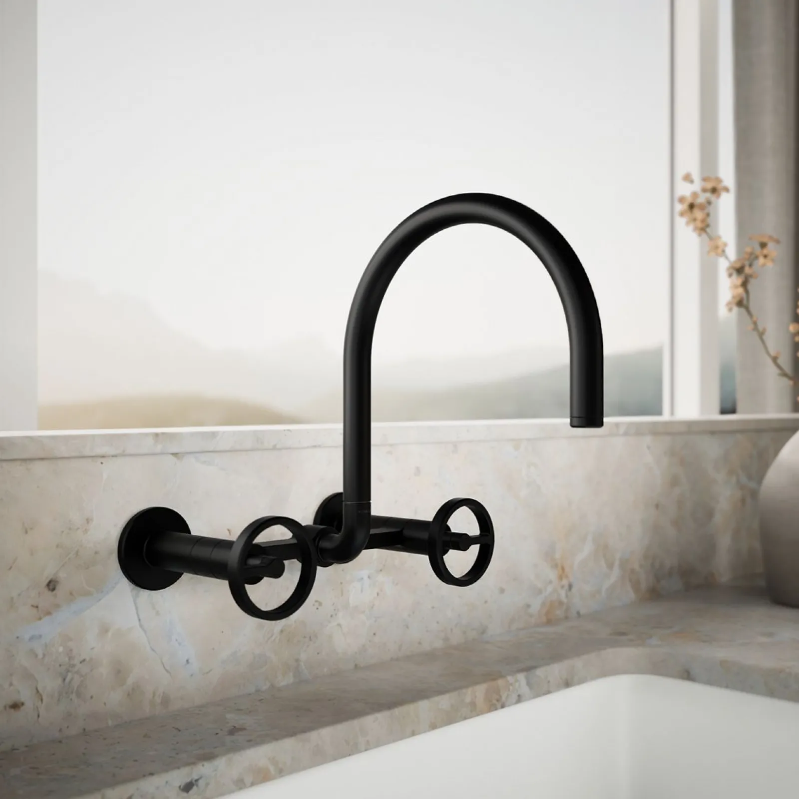 Two-hole wall-mount bridge kitchen sink faucet^Kohler Hot
