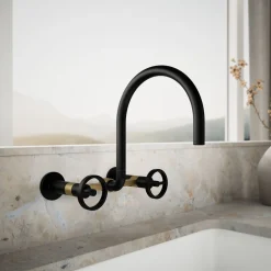 Two-hole wall-mount bridge kitchen sink faucet^Kohler Hot