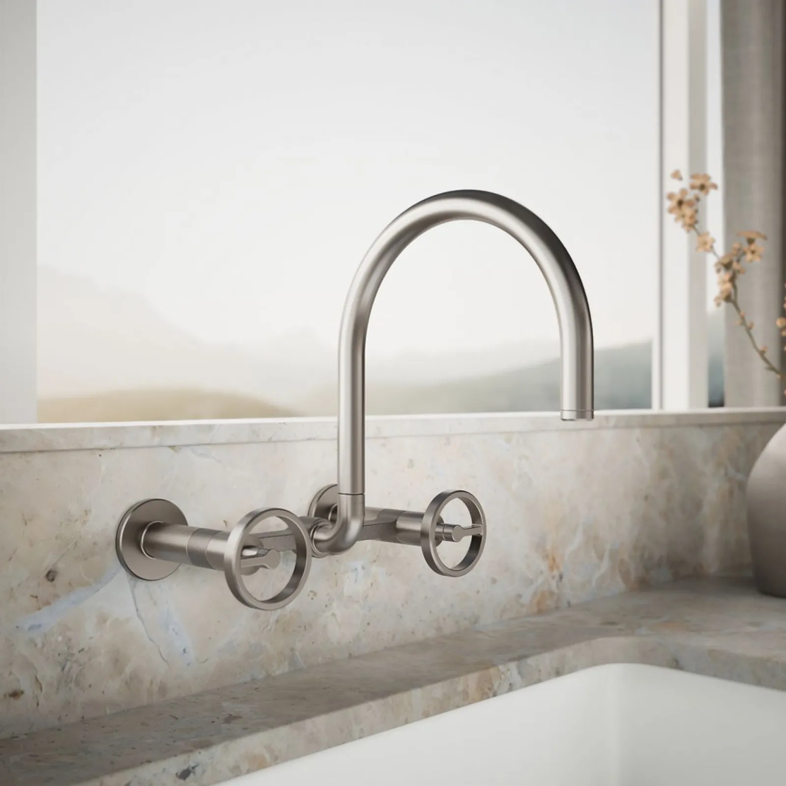 Two-hole wall-mount bridge kitchen sink faucet^Kohler Hot