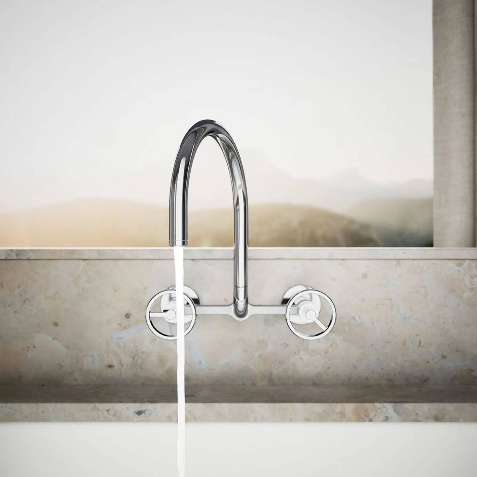 Two-hole wall-mount bridge kitchen sink faucet^Kohler Hot