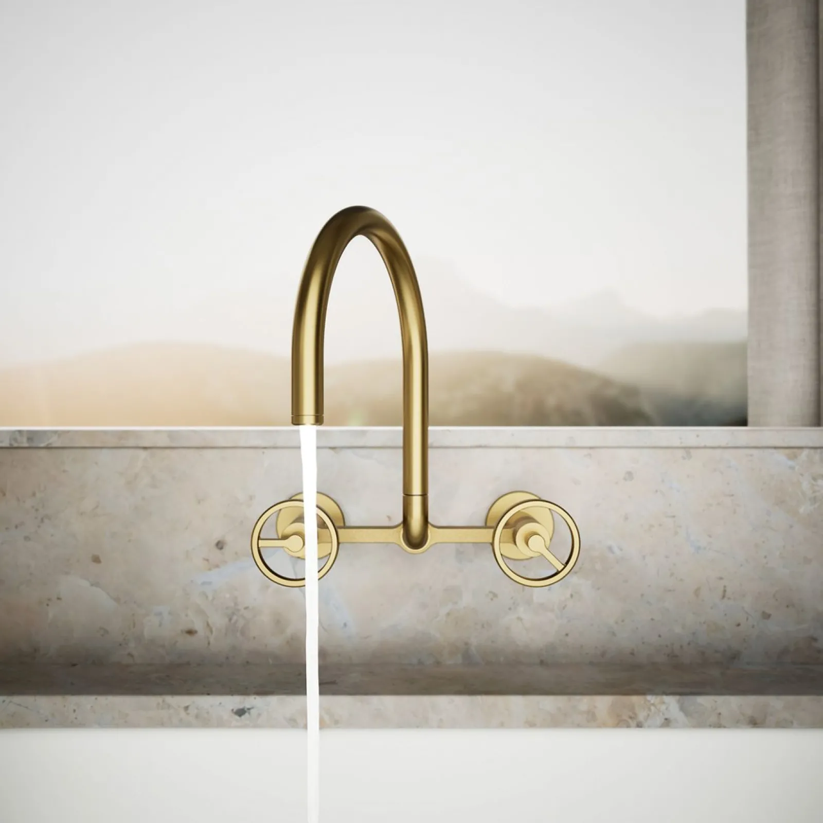 Two-hole wall-mount bridge kitchen sink faucet^Kohler Hot