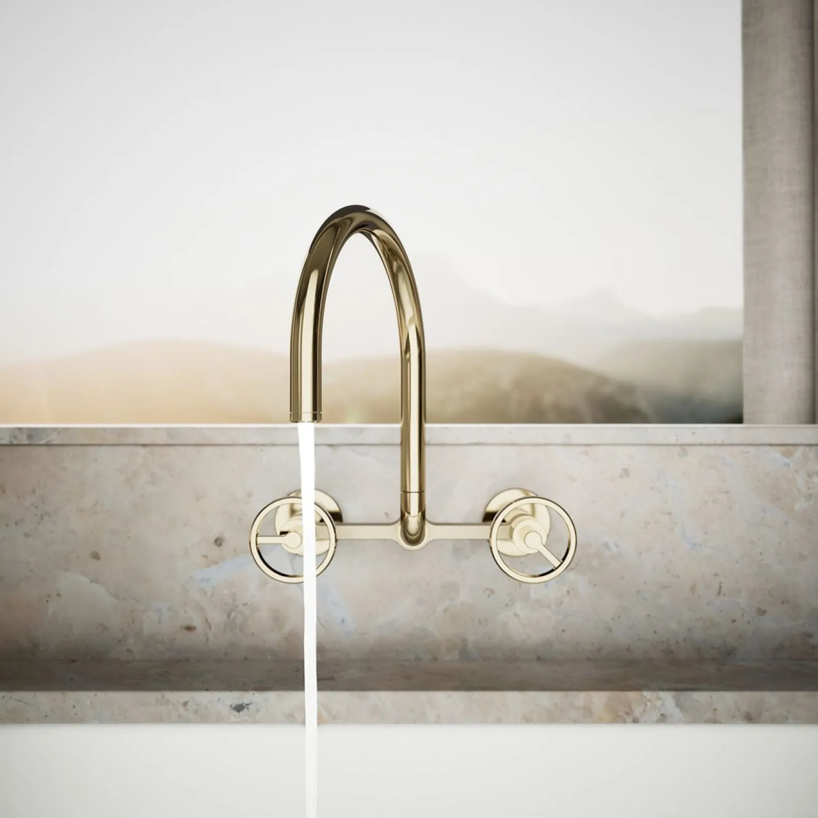 Two-hole wall-mount bridge kitchen sink faucet^Kohler Hot