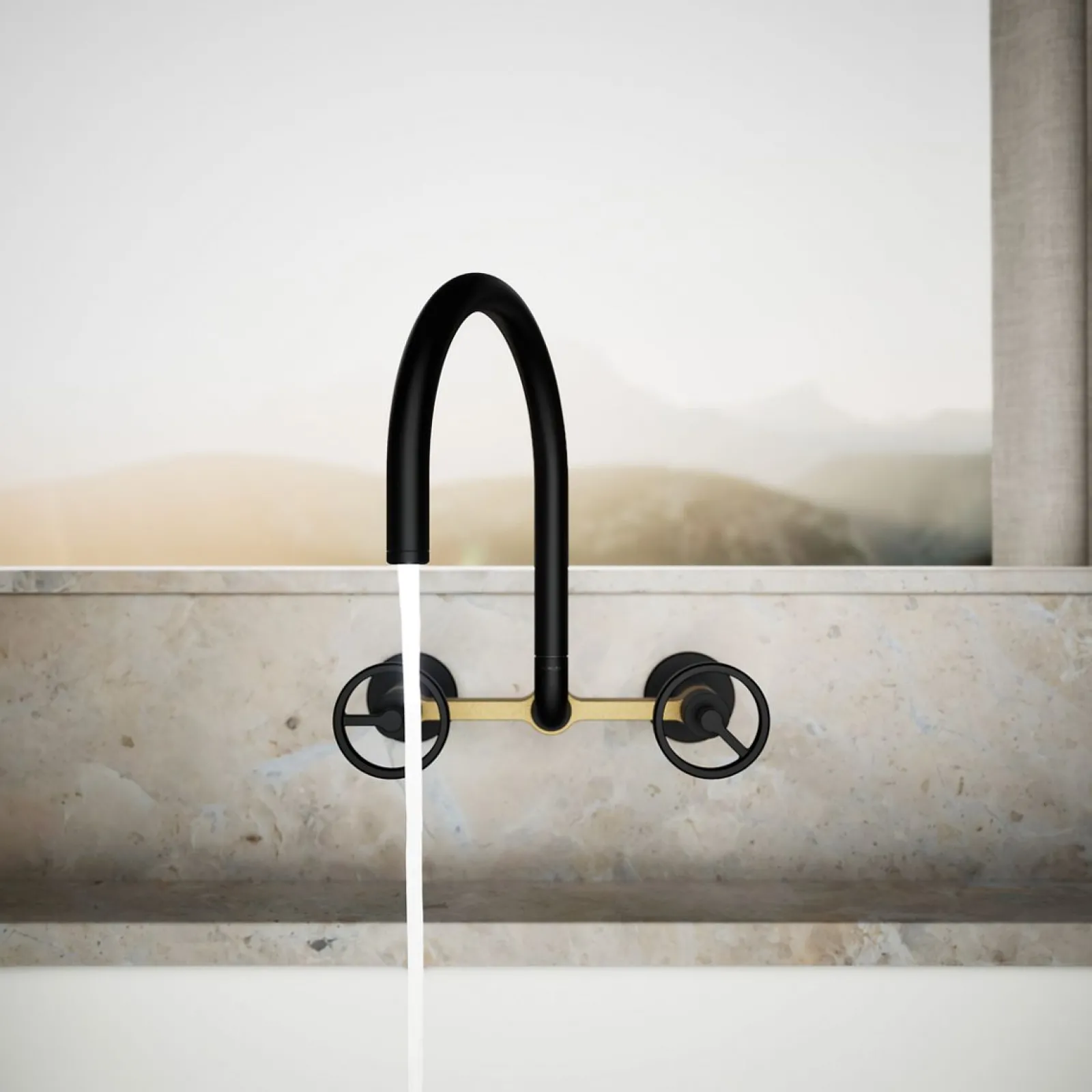 Two-hole wall-mount bridge kitchen sink faucet^Kohler Hot