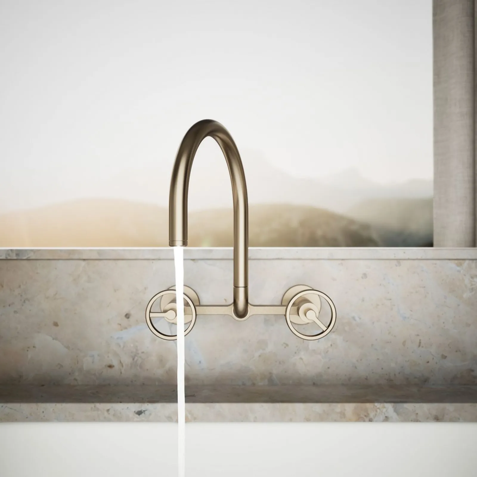 Two-hole wall-mount bridge kitchen sink faucet^Kohler Hot
