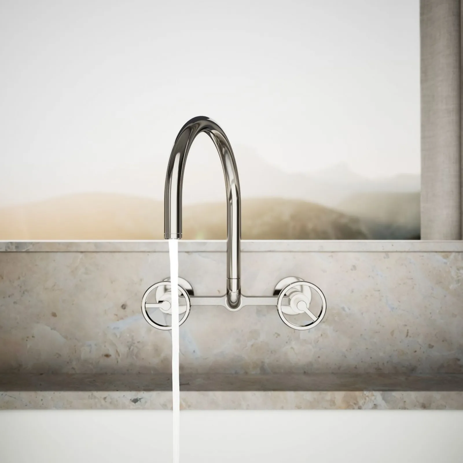 Two-hole wall-mount bridge kitchen sink faucet^Kohler Hot