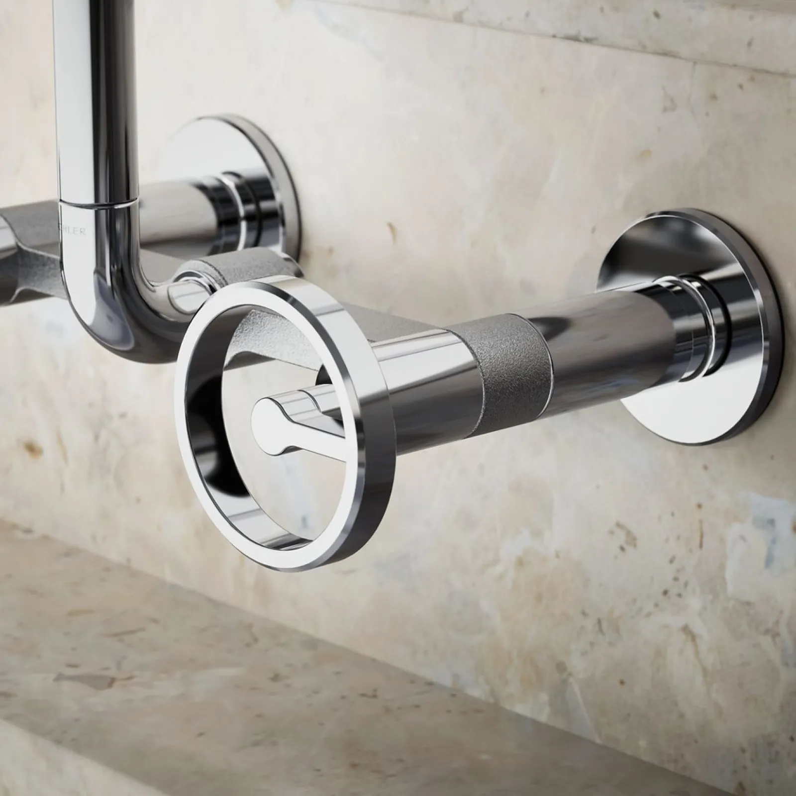 Two-hole wall-mount bridge kitchen sink faucet^Kohler Hot