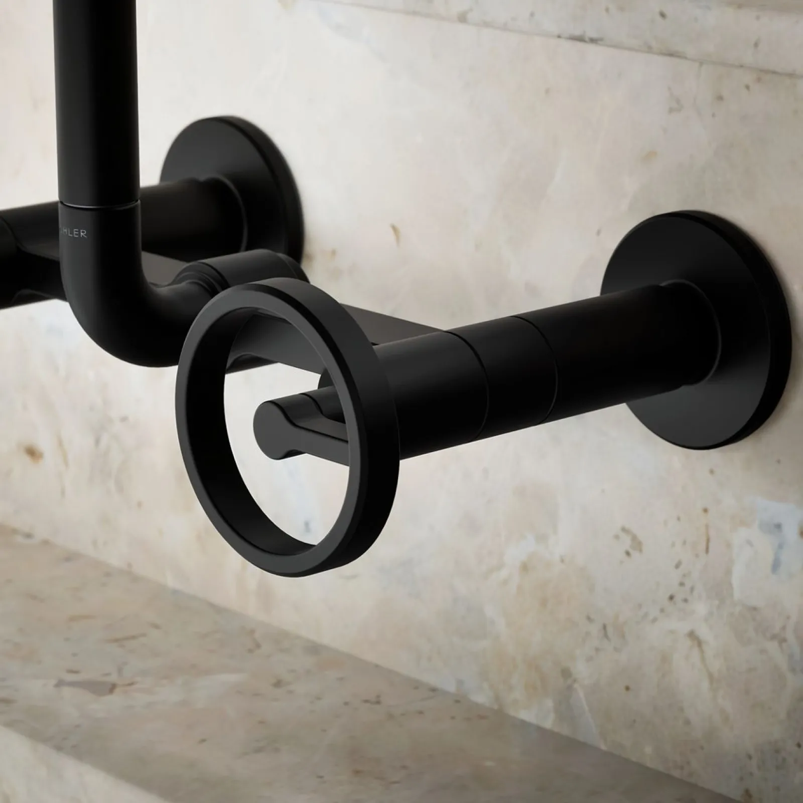 Two-hole wall-mount bridge kitchen sink faucet^Kohler Hot