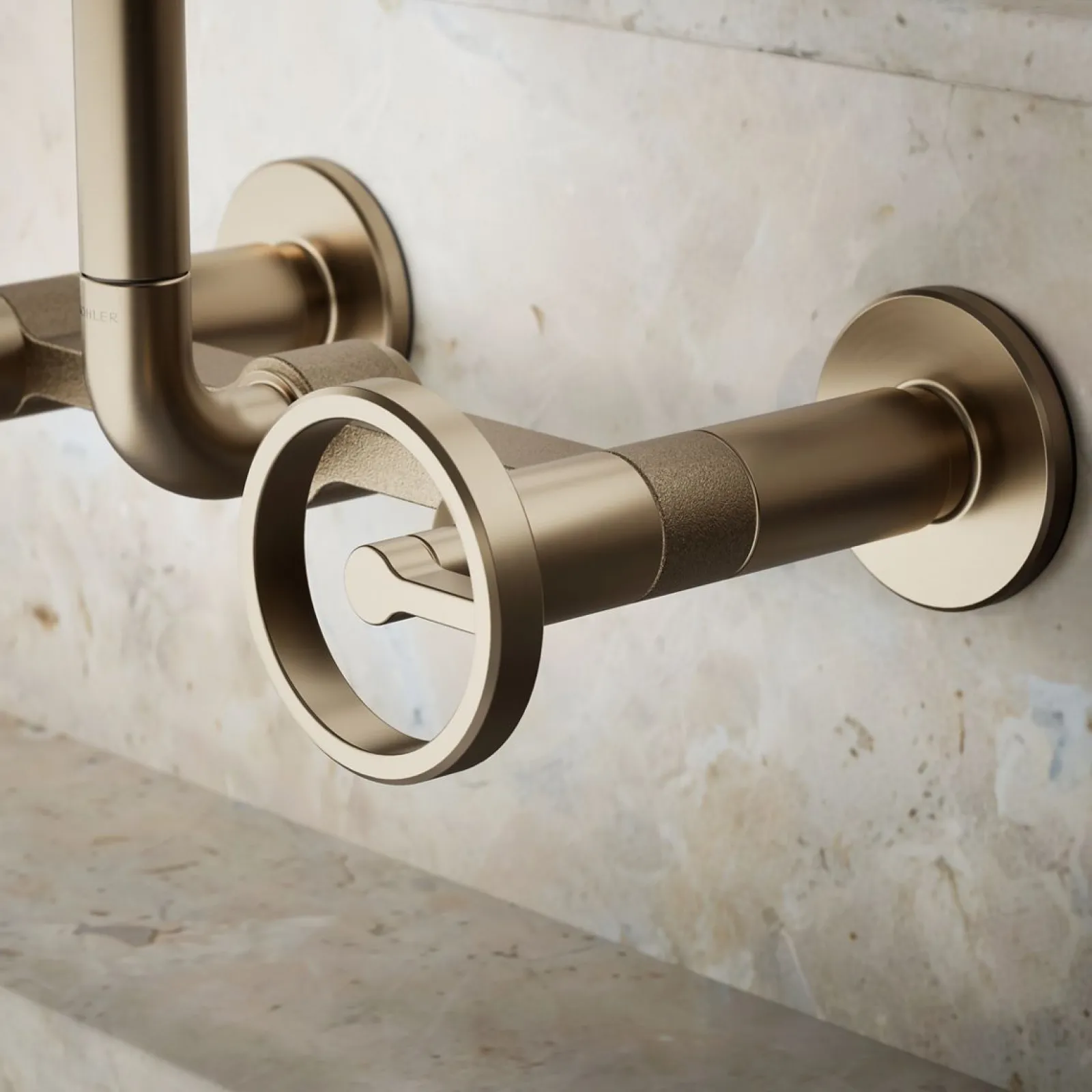 Two-hole wall-mount bridge kitchen sink faucet^Kohler Hot