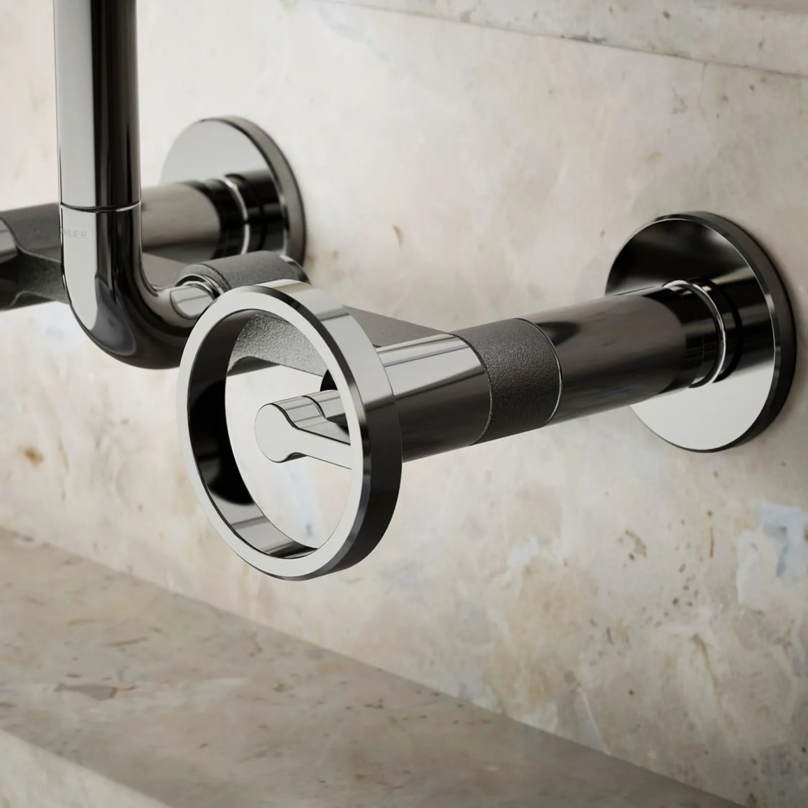 Two-hole wall-mount bridge kitchen sink faucet^Kohler Hot