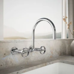 Two-hole wall-mount bridge kitchen sink faucet^Kohler Hot