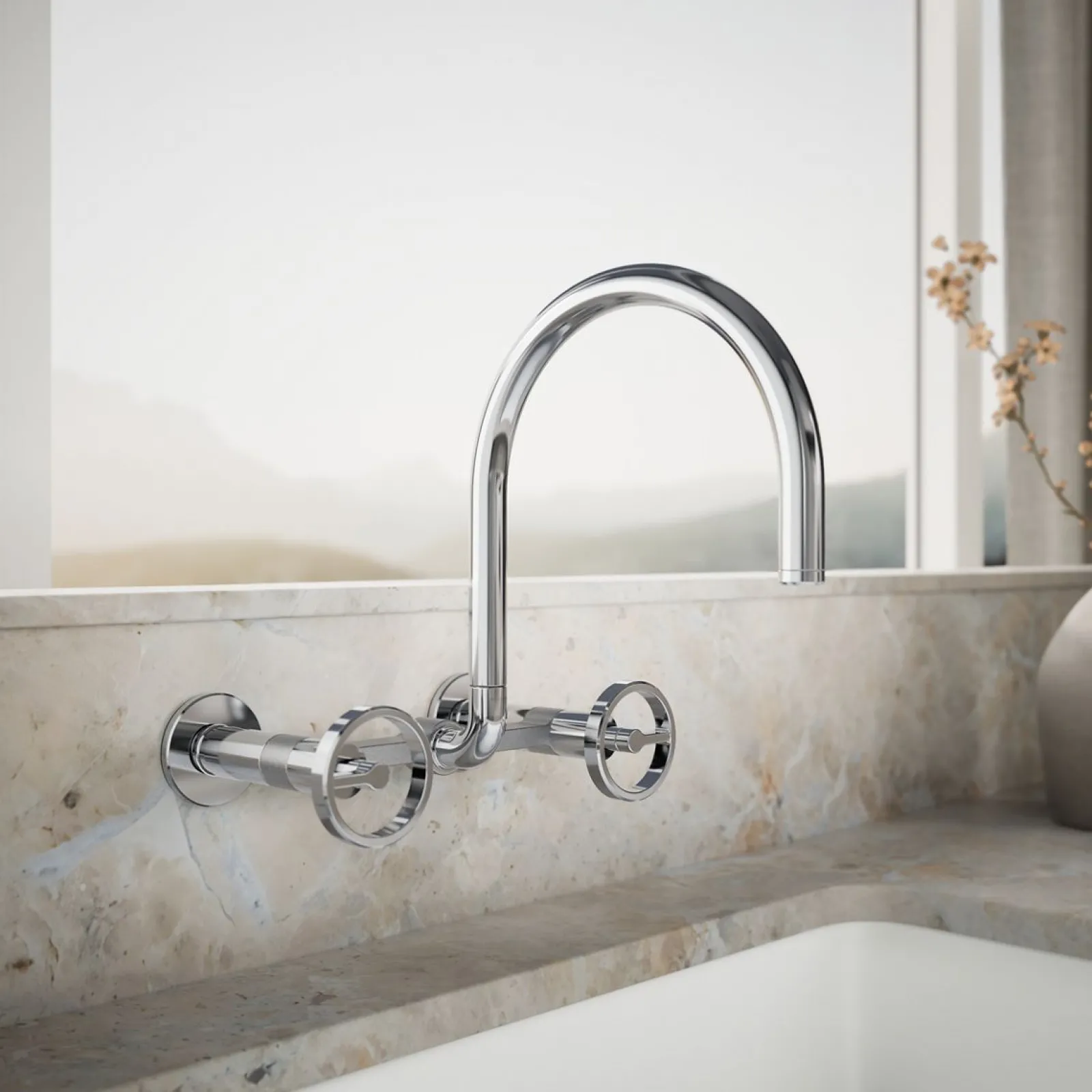 Two-hole wall-mount bridge kitchen sink faucet^Kohler Hot