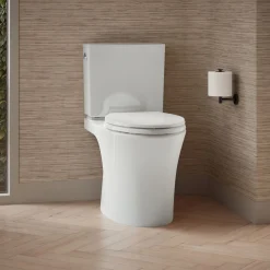 Two-piece elongated toilet with skirted trapway, 1.28 gpf^Kohler Hot