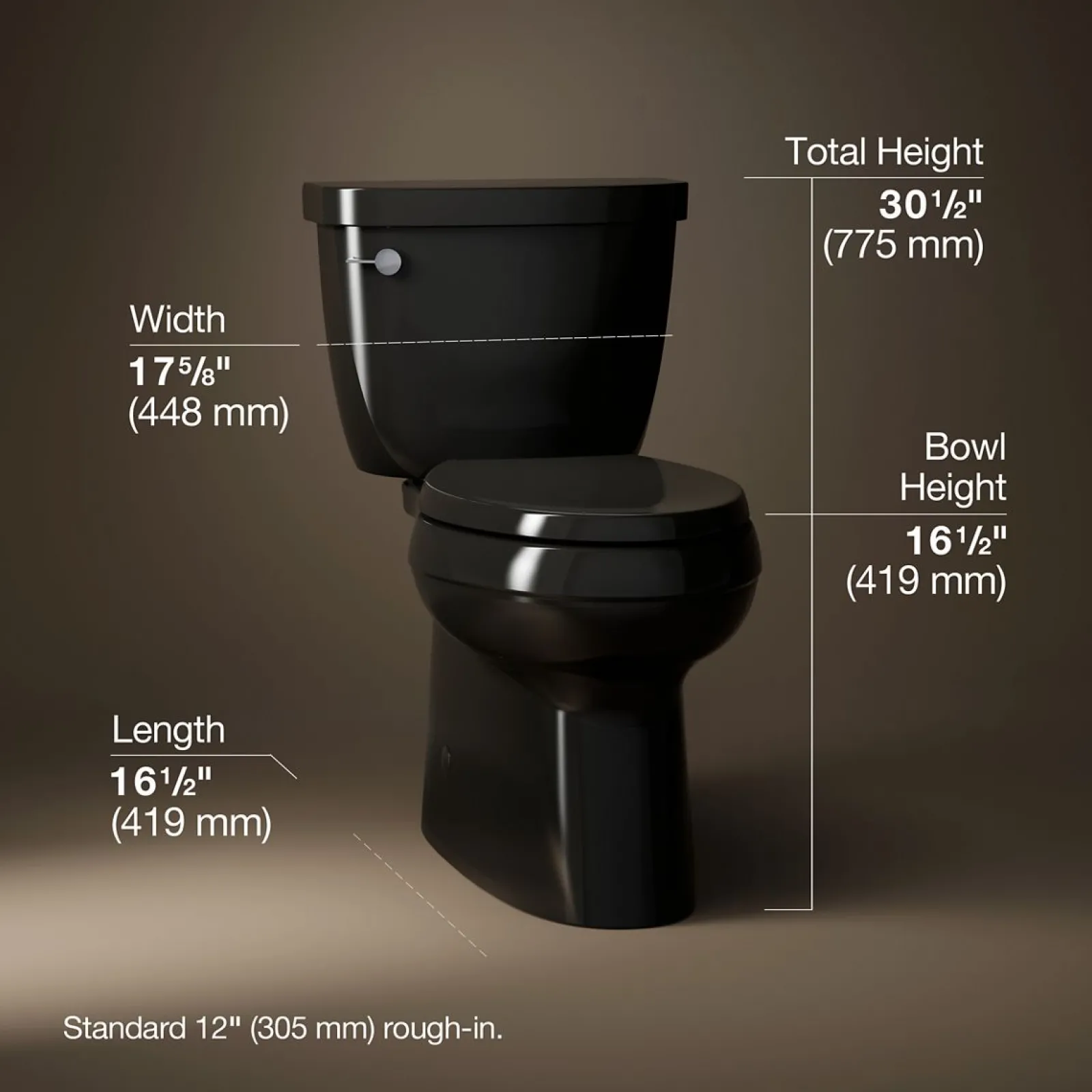 Two-piece elongated toilet with skirted trapway, 1.28 gpf^Kohler