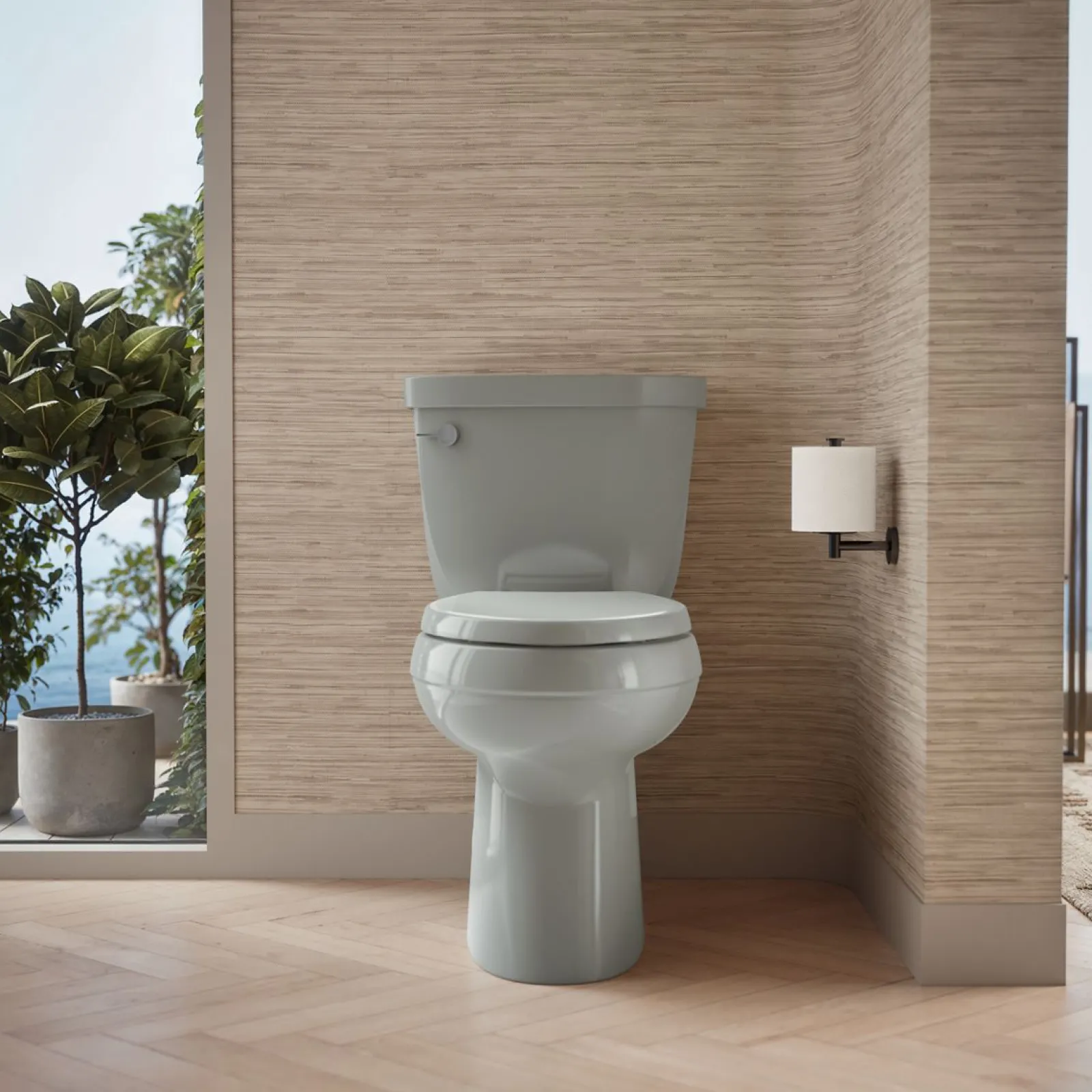 Two-piece elongated toilet with skirted trapway, 1.28 gpf^Kohler