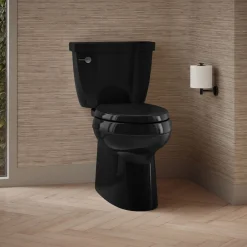 Two-piece elongated toilet with skirted trapway, 1.28 gpf^Kohler