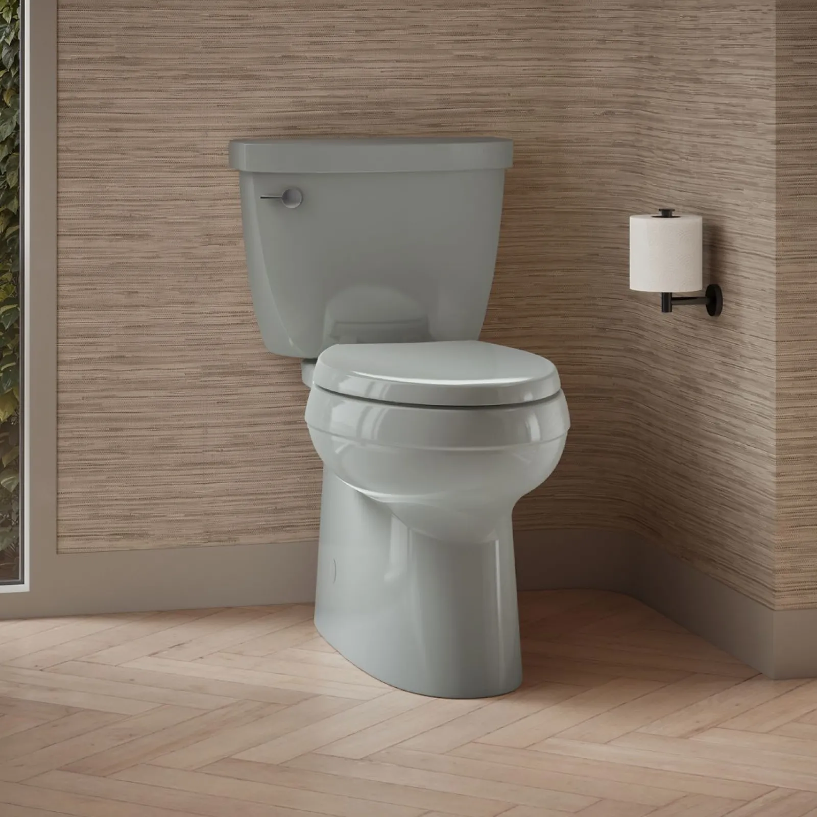 Two-piece elongated toilet with skirted trapway, 1.28 gpf^Kohler