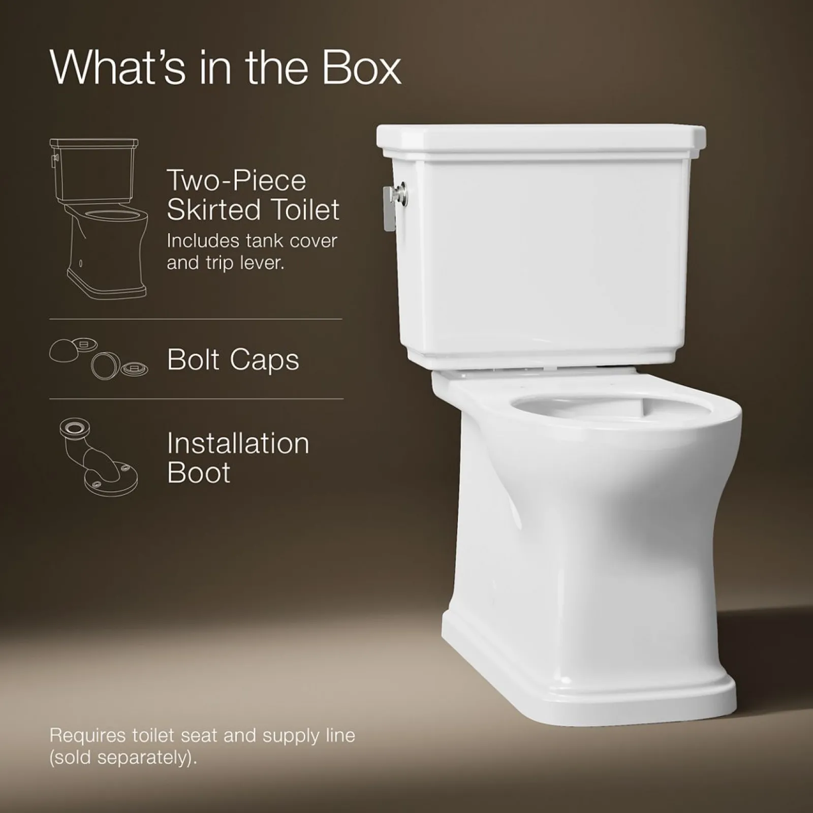 Two-piece elongated toilet with skirted trapway, 1.28 gpf^Kohler Best