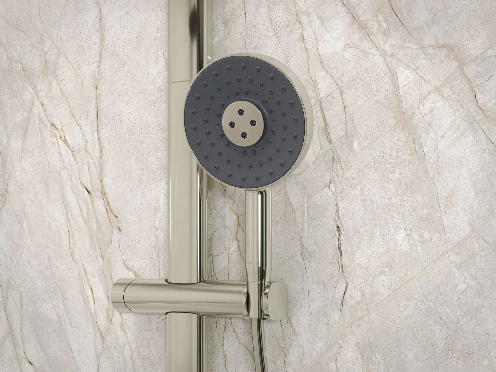 Two-way exposed thermostatic valve with shower column for rainhead and handshower^Kohler