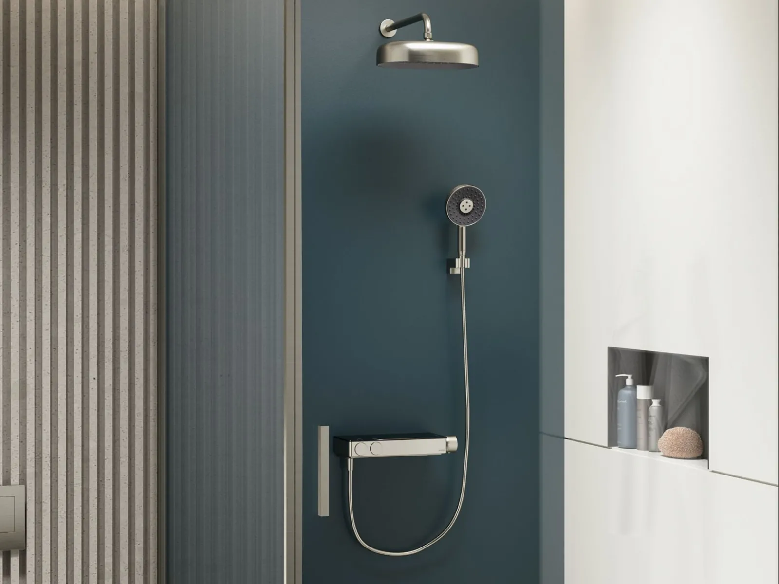 Two-way exposed thermostatic valve with shower column for rainhead and handshower^Kohler
