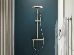 Two-way exposed thermostatic valve with shower column for rainhead and handshower^Kohler