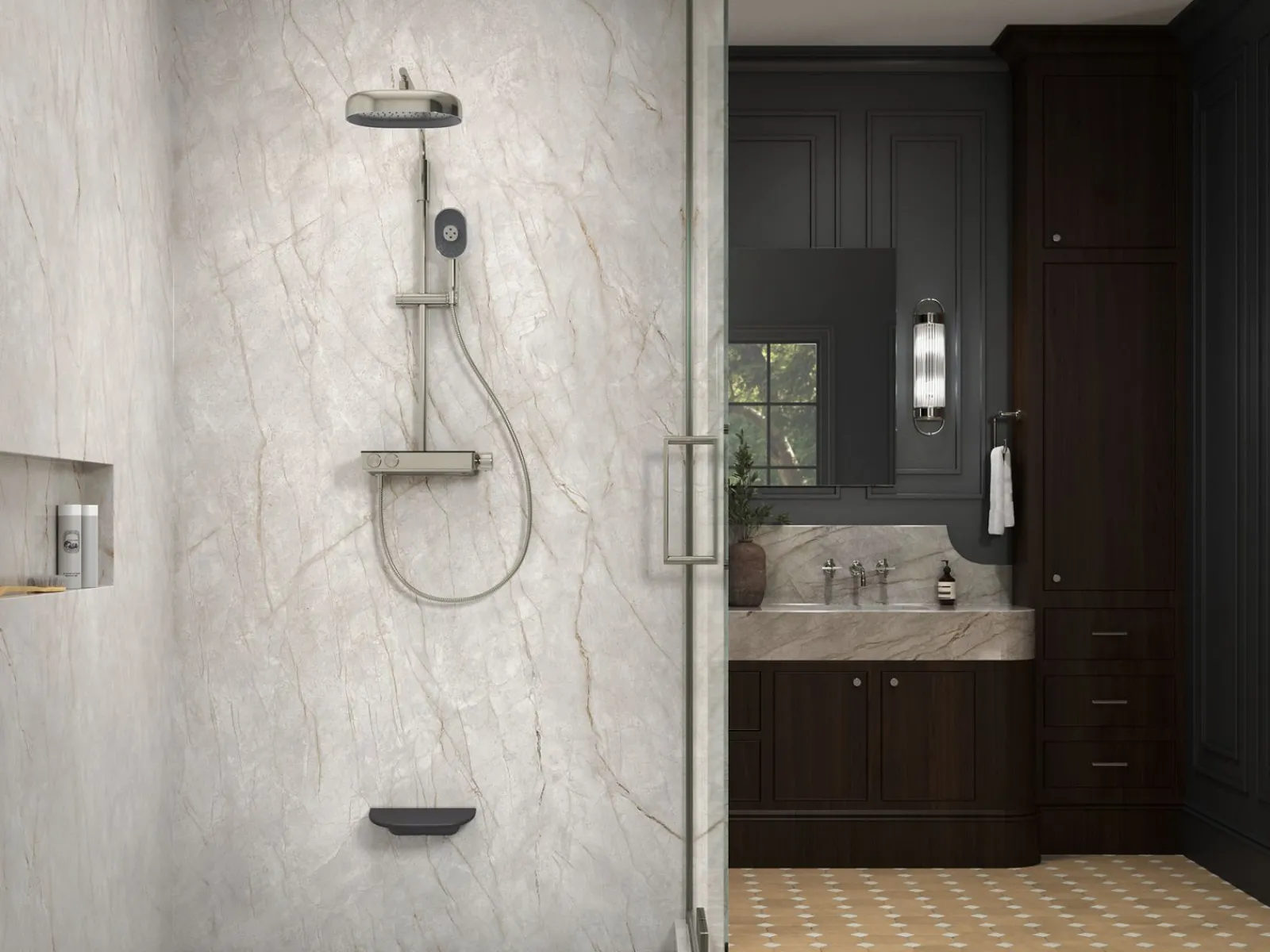 Two-way exposed thermostatic valve with shower column for rainhead and handshower^Kohler