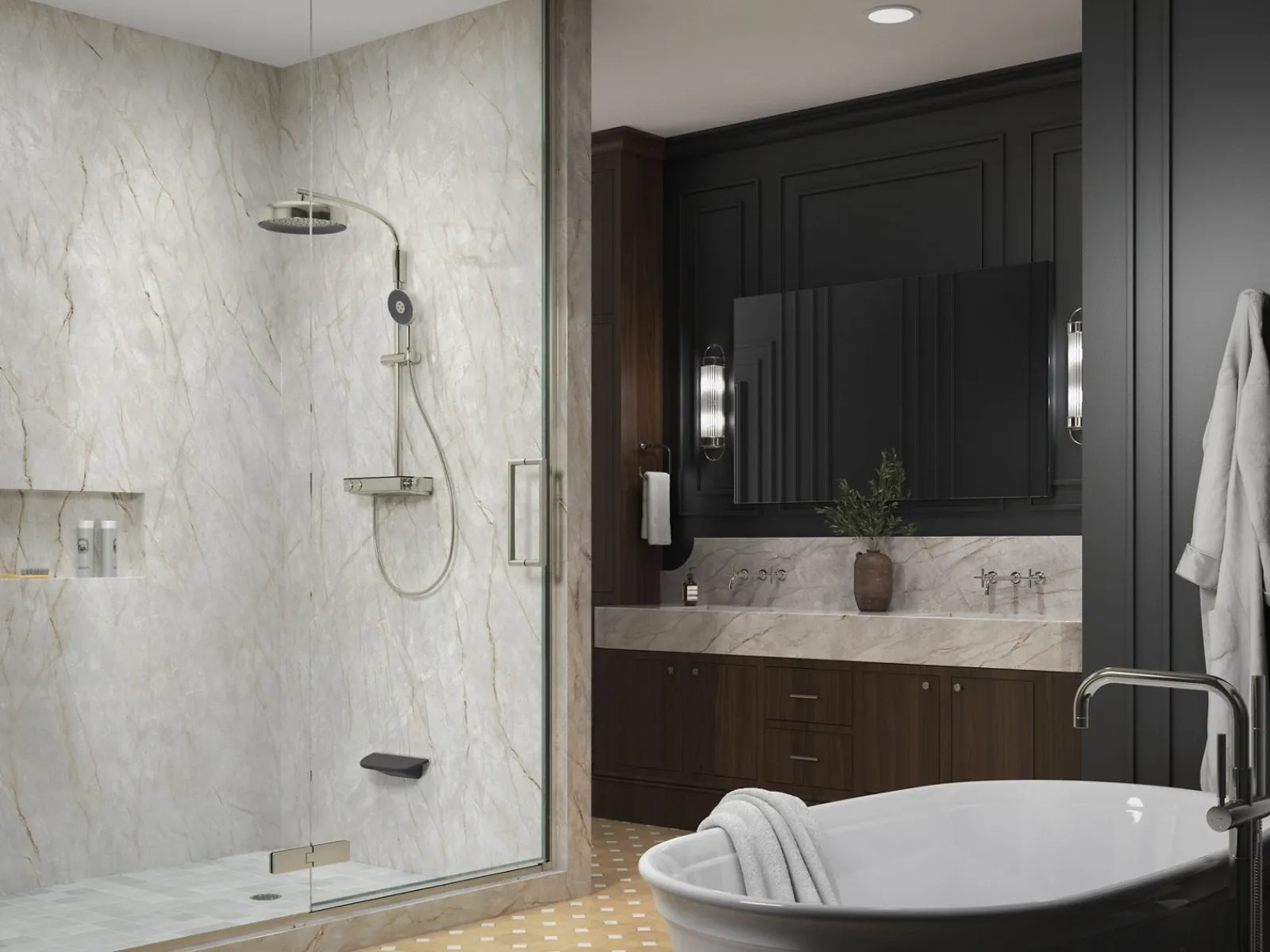 Two-way exposed thermostatic valve with shower column for rainhead and handshower^Kohler