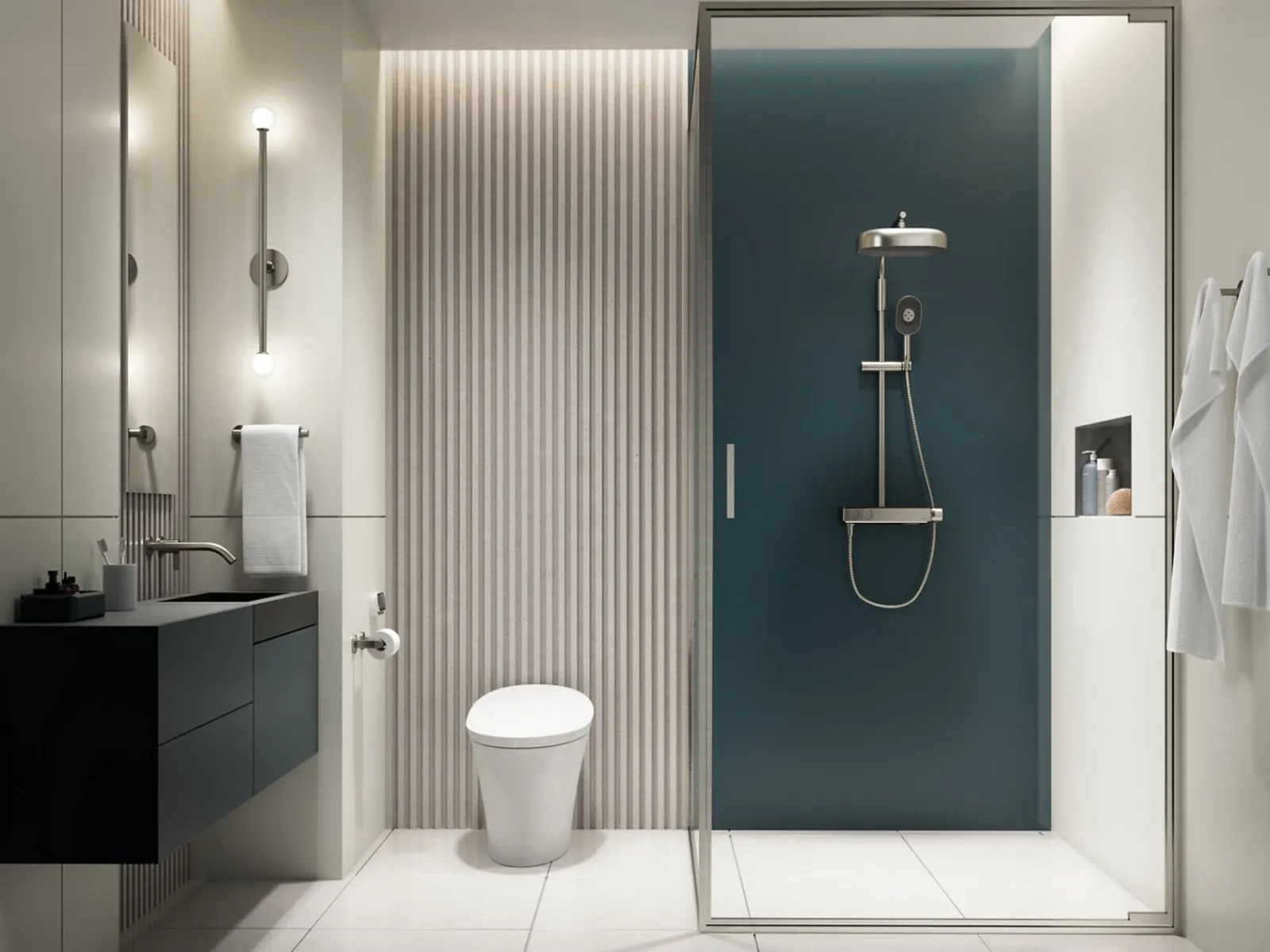 Two-way exposed thermostatic valve with shower column for rainhead and handshower^Kohler