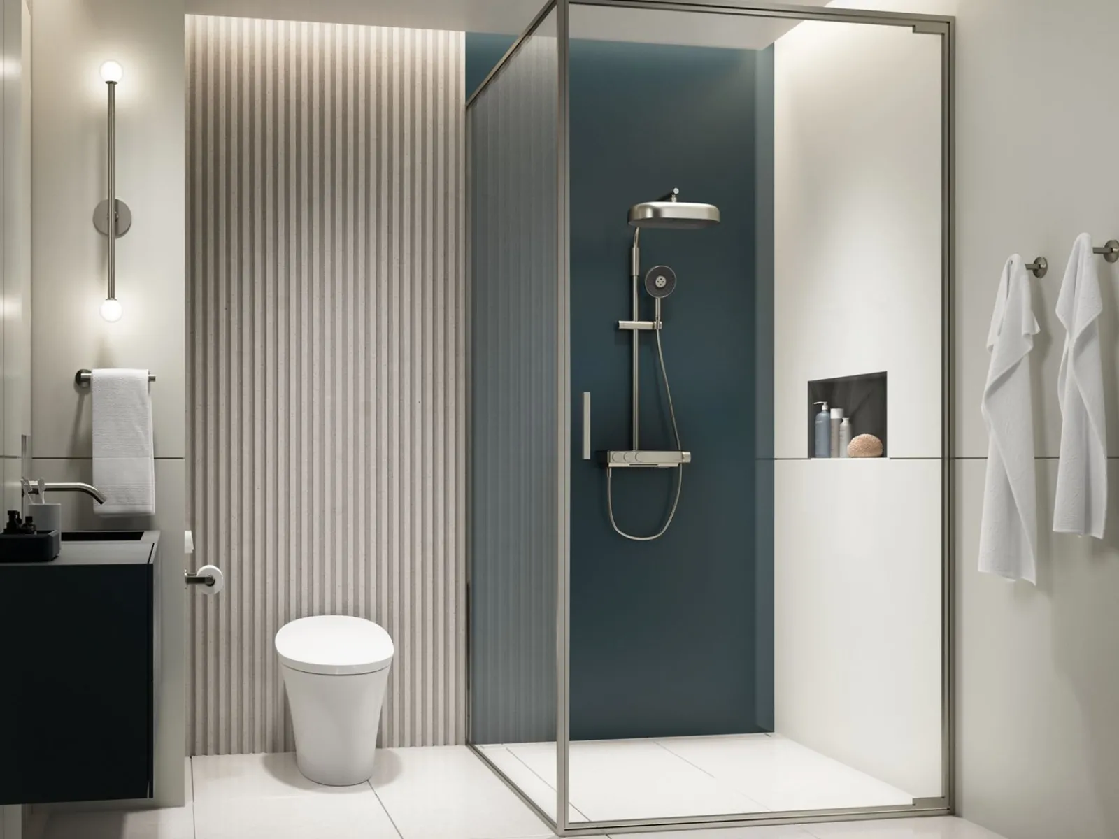 Two-way exposed thermostatic valve with shower column for rainhead and handshower^Kohler