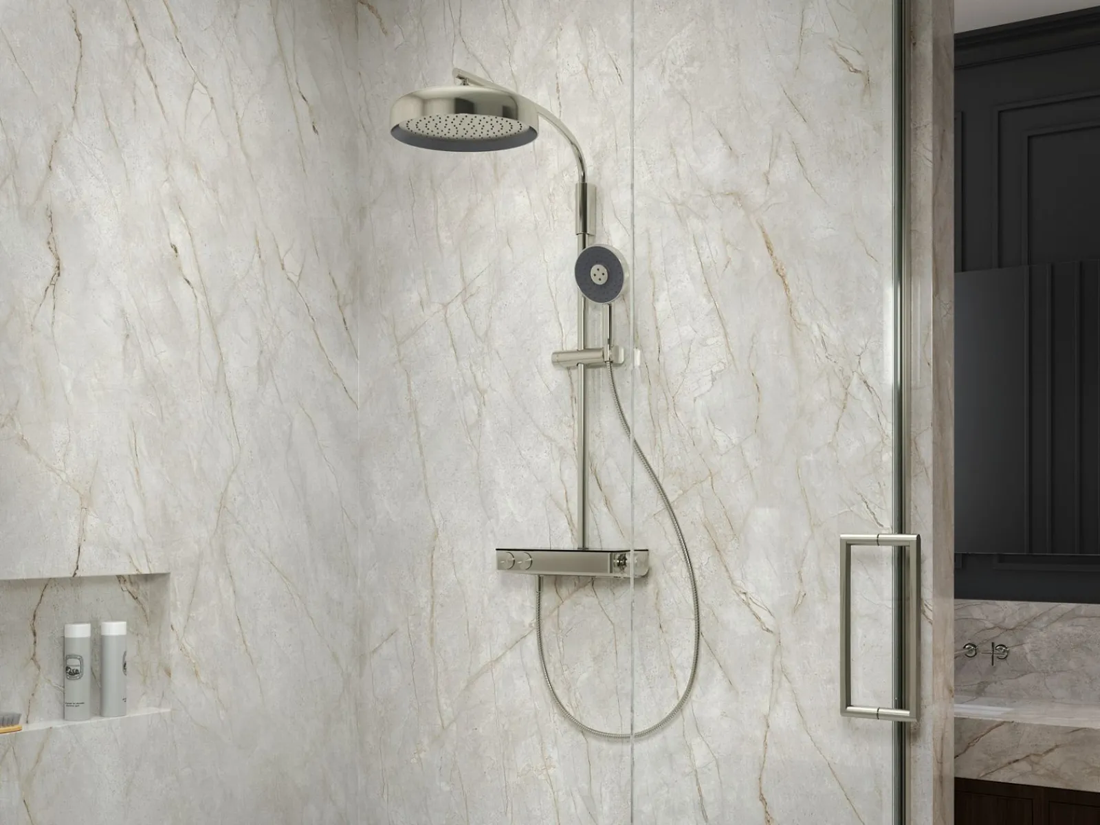 Two-way exposed thermostatic valve with shower column for rainhead and handshower^Kohler