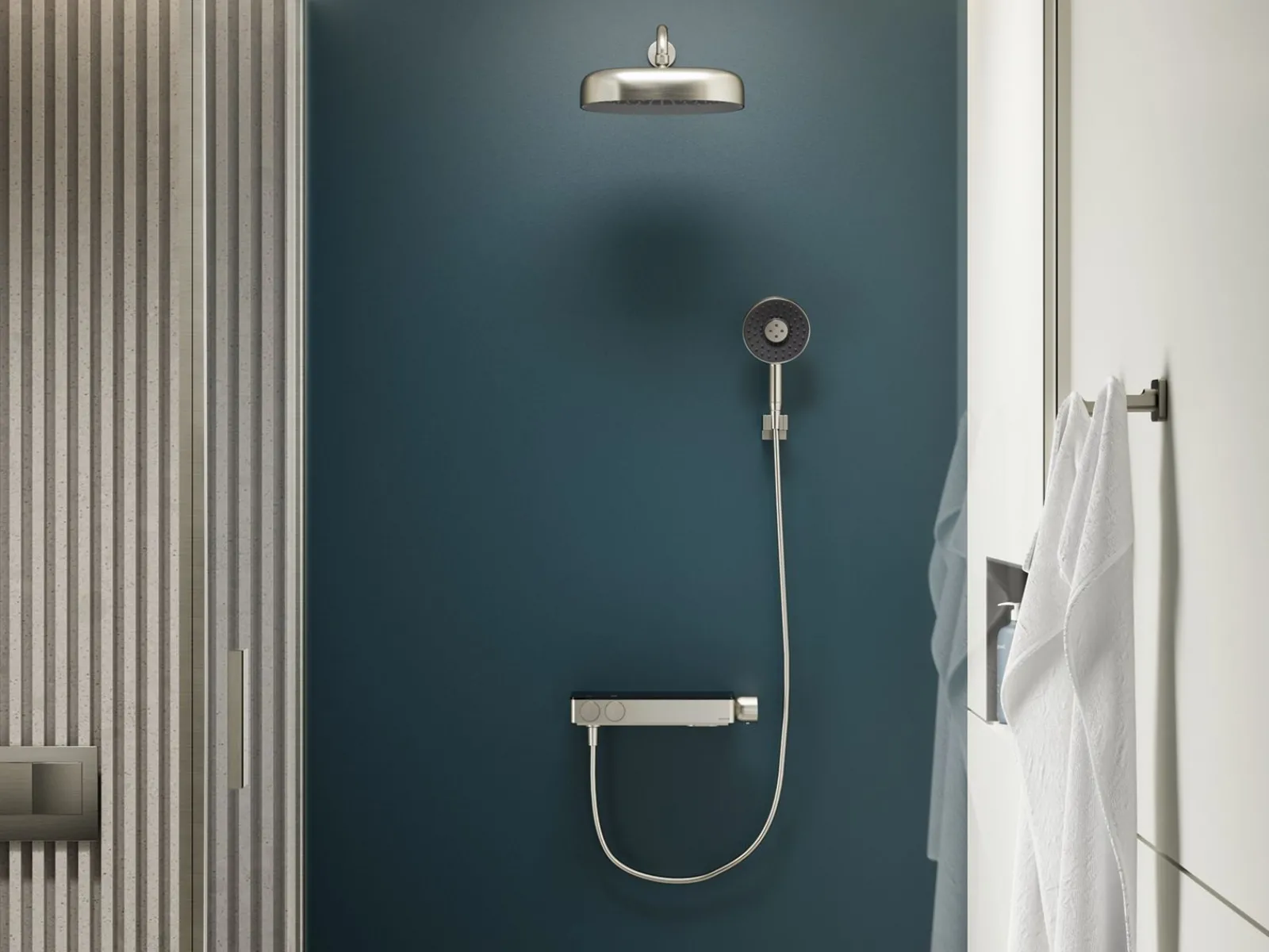 Two-way exposed thermostatic valve with shower column for rainhead and handshower^Kohler