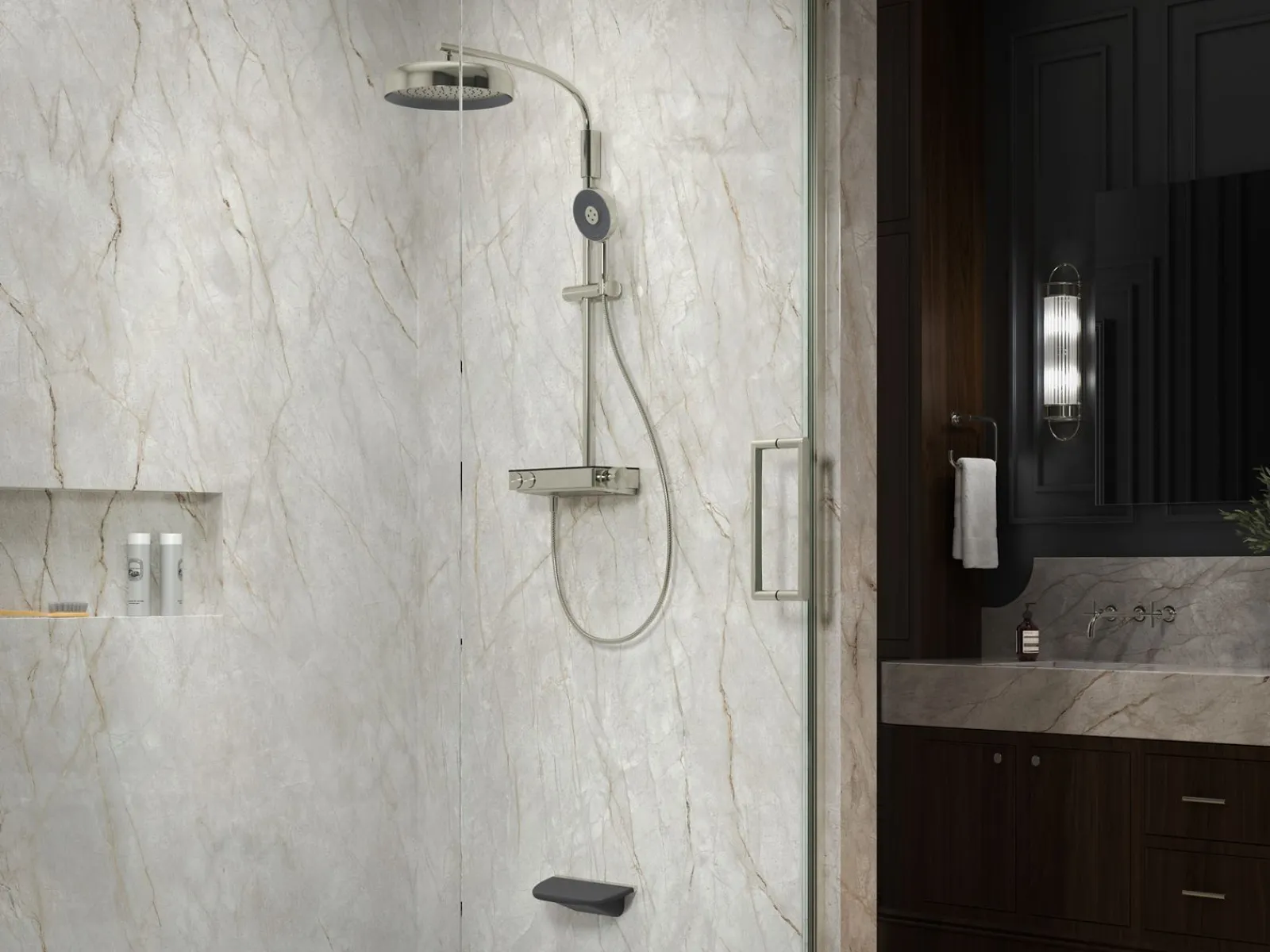 Two-way exposed thermostatic valve with shower column for rainhead and handshower^Kohler