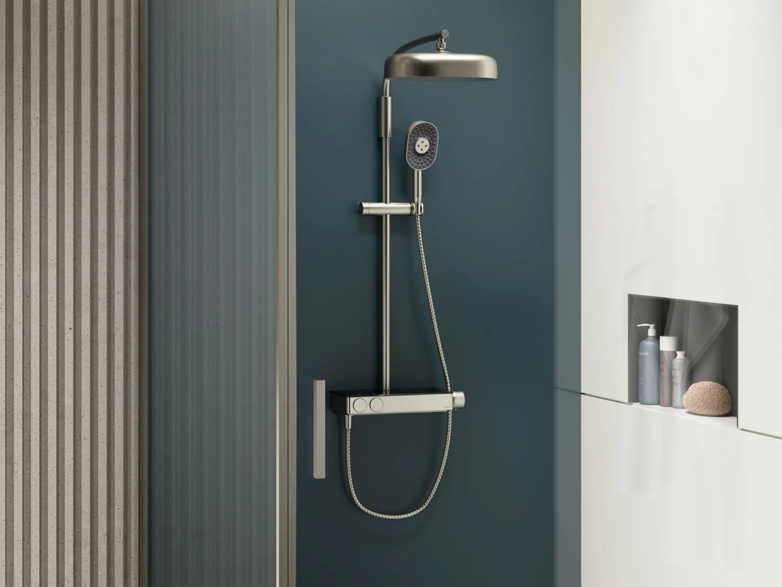 Two-way exposed thermostatic valve with shower column for rainhead and handshower^Kohler