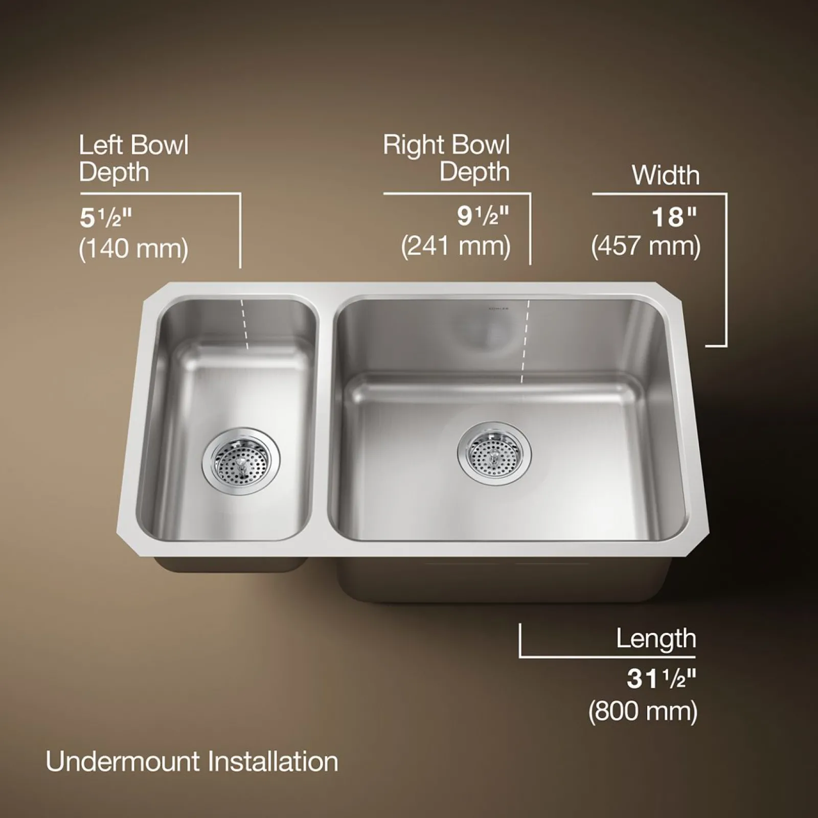 31-1/2" undermount double-bowl kitchen sink^Kohler Discount
