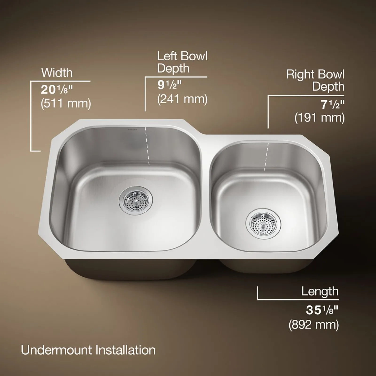 35-1/4 undermount double-bowl kitchen sink^Kohler Outlet