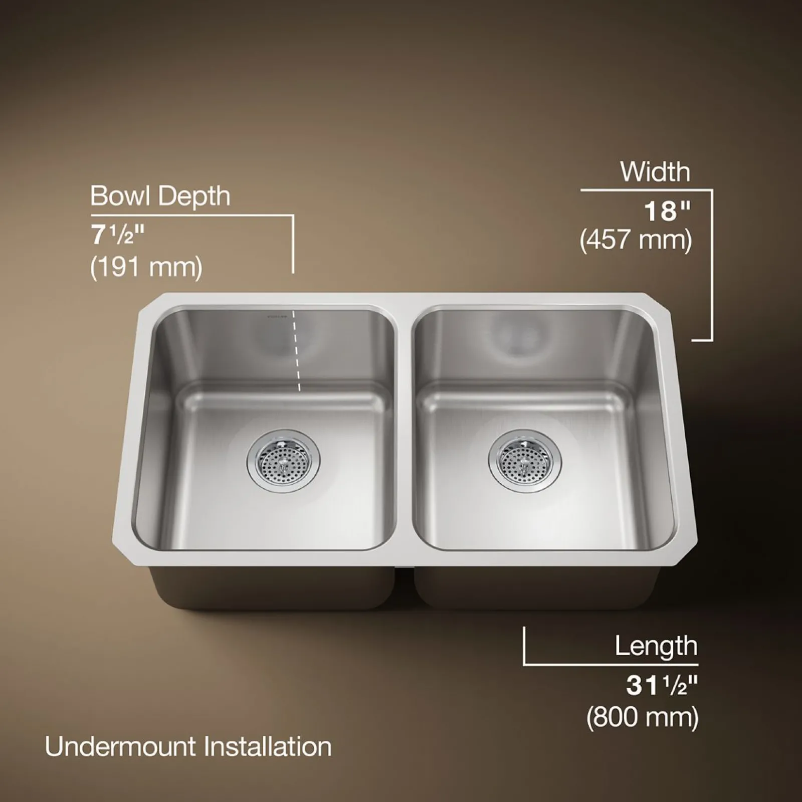 31-1/2" undermount double-bowl kitchen sink^Kohler Outlet