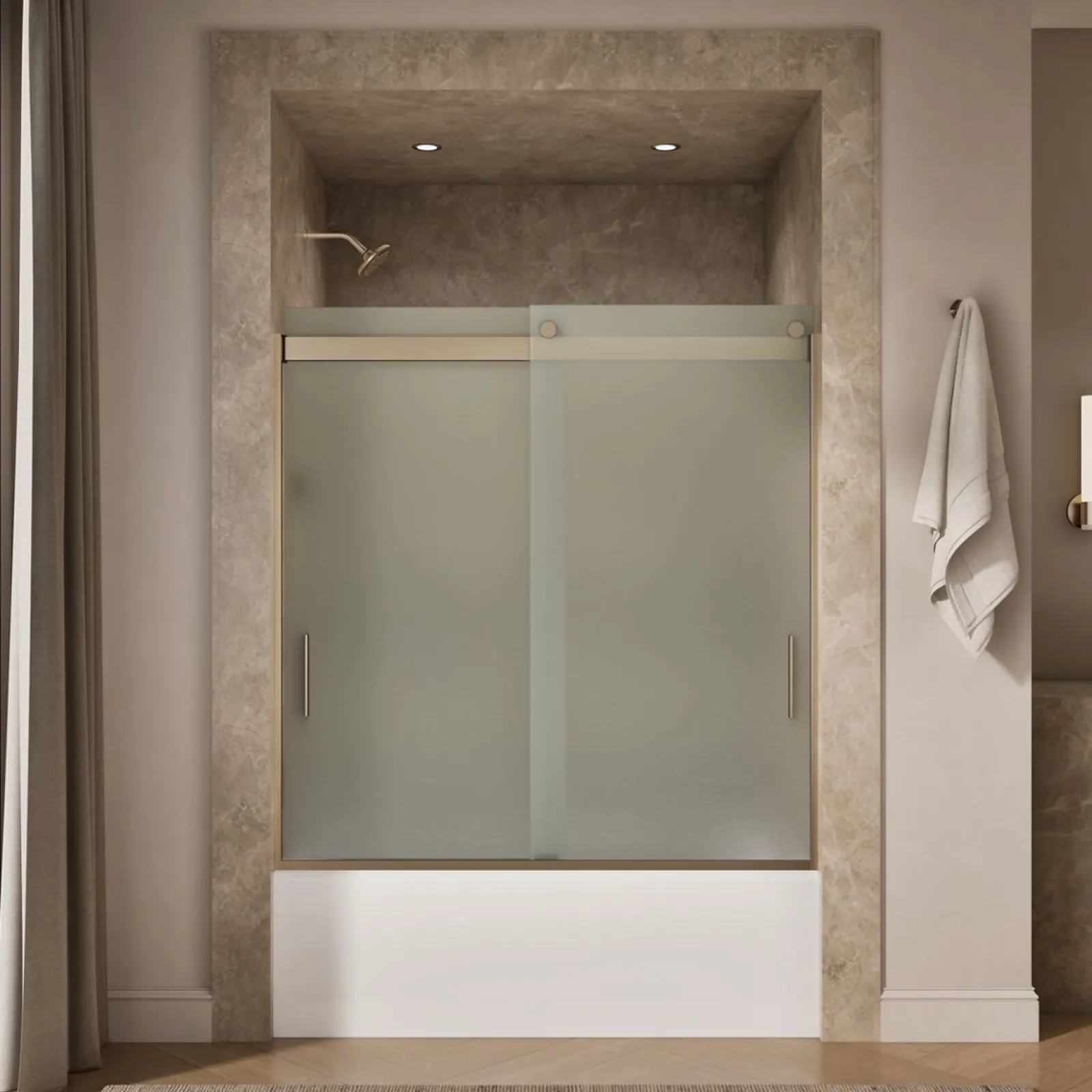 56-5/8"-59-5/8" W x 62" H bypass bath door with 1/4"-thick Frosted glass^Kohler New