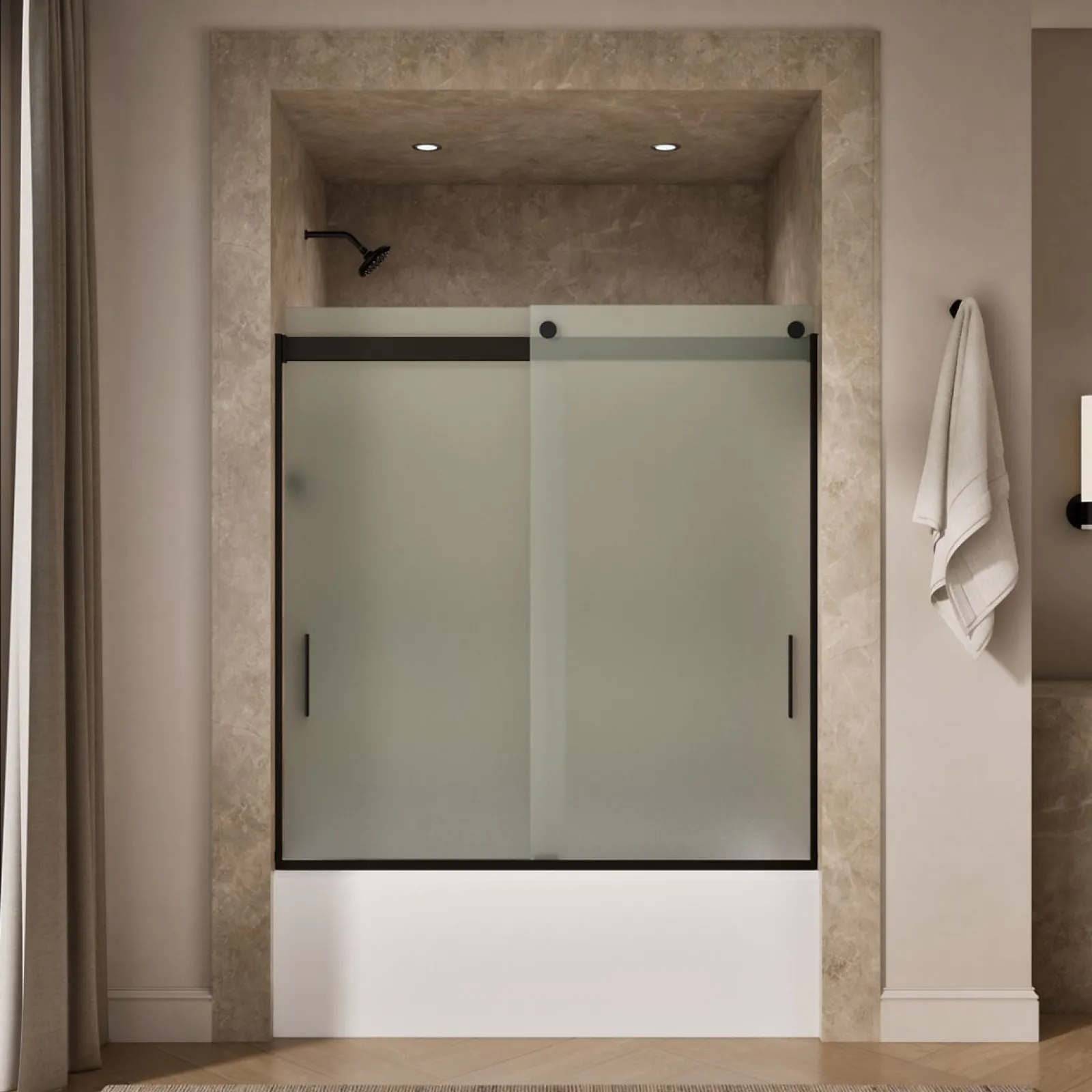 56-5/8"-59-5/8" W x 62" H bypass bath door with 1/4"-thick Frosted glass^Kohler New