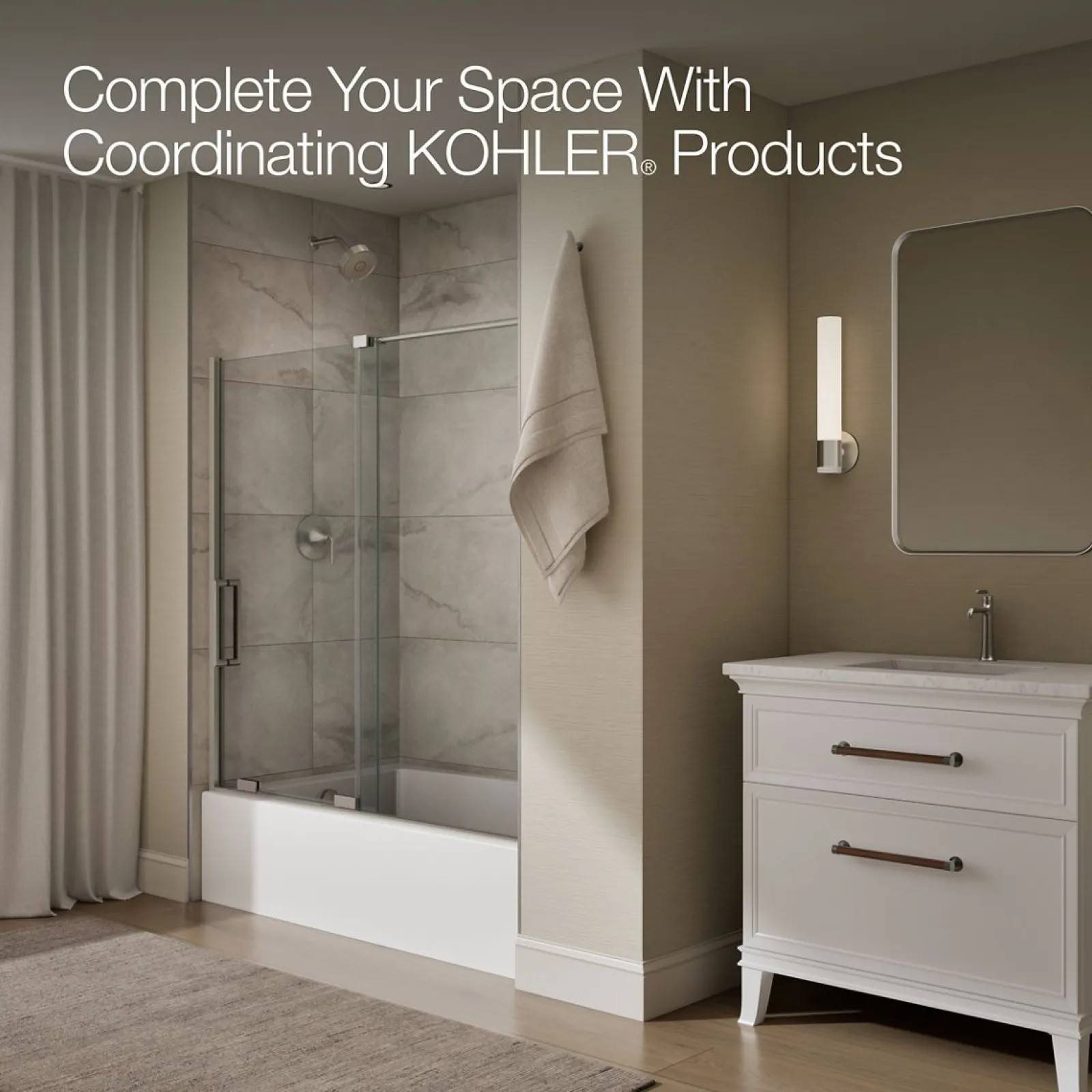55-3/4"-59-3/4" W x 58-1/4" H bypass bath door with 5/16"-thick Crystal Clear glass^Kohler Best