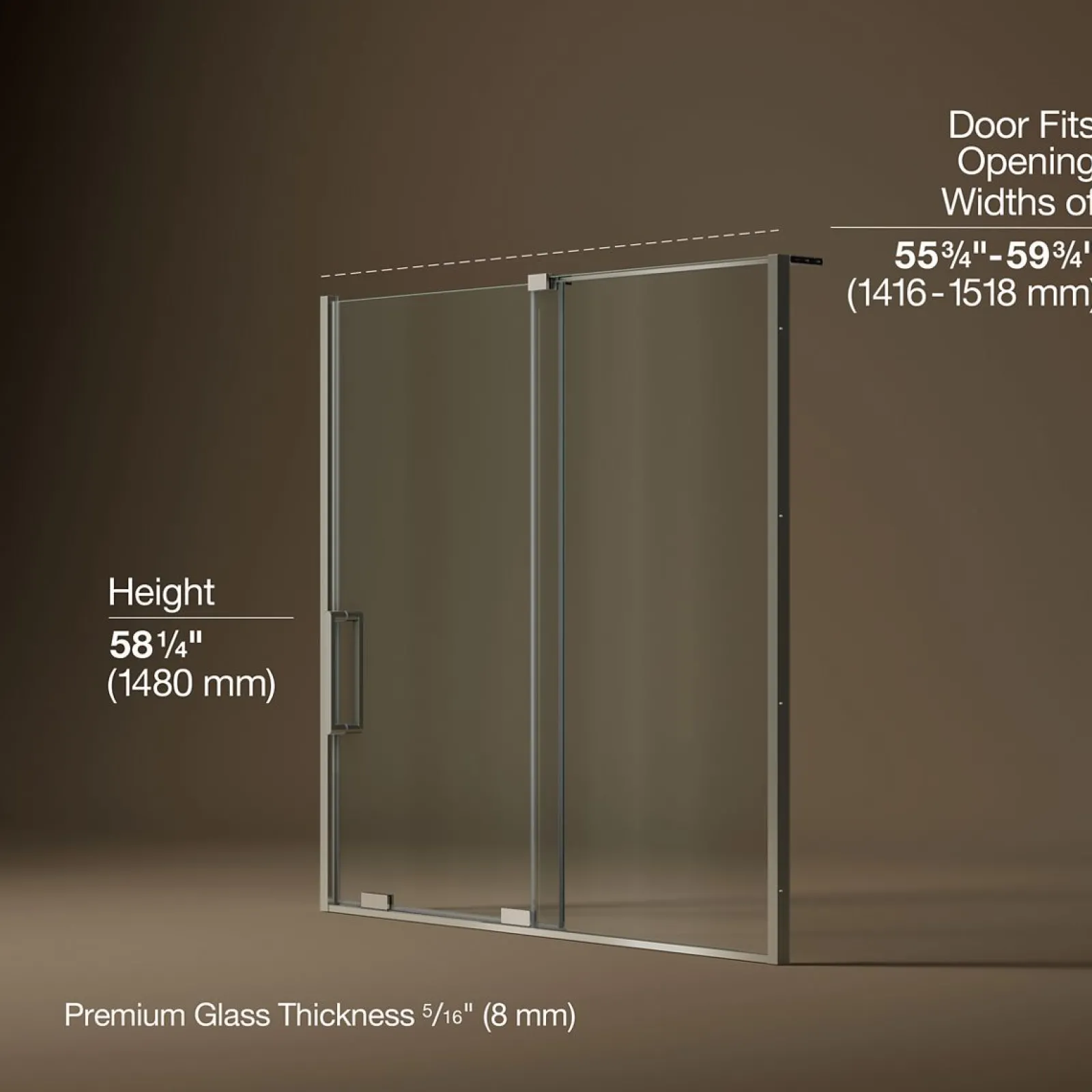 55-3/4"-59-3/4" W x 58-1/4" H bypass bath door with 5/16"-thick Crystal Clear glass^Kohler Best