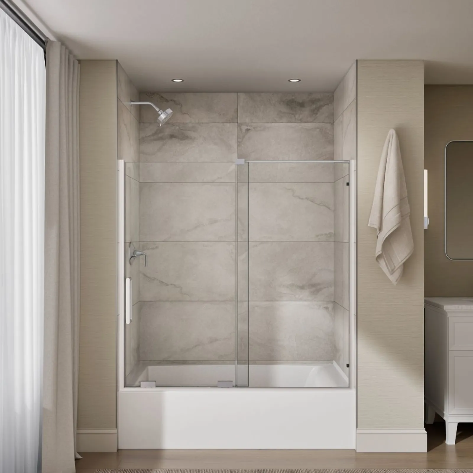 55-3/4"-59-3/4" W x 58-1/4" H bypass bath door with 5/16"-thick Crystal Clear glass^Kohler Best
