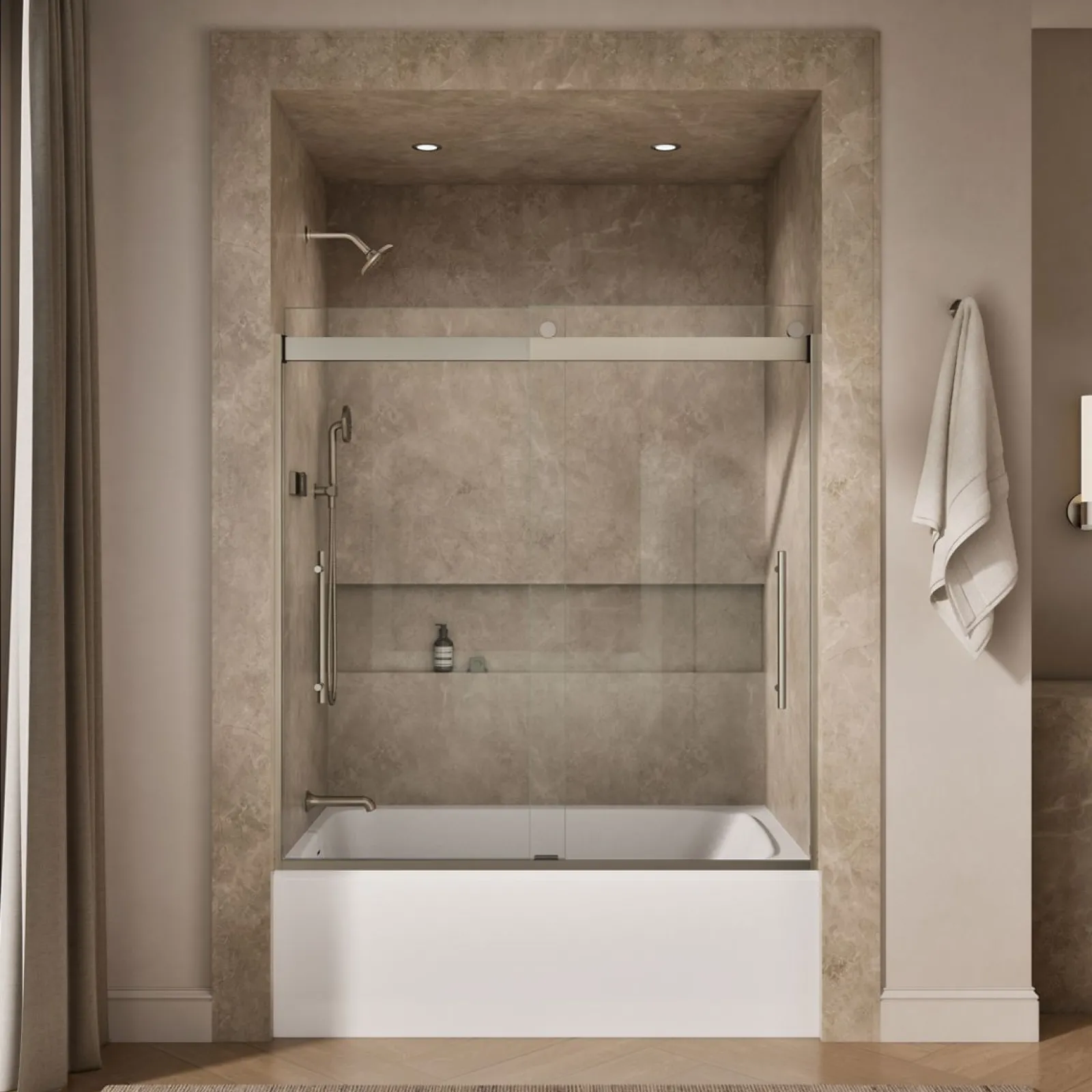 56-5/8"-59-5/8" W x 61.53" H bypass bath door with 5/16"-thick Crystal Clear glass^Kohler Hot