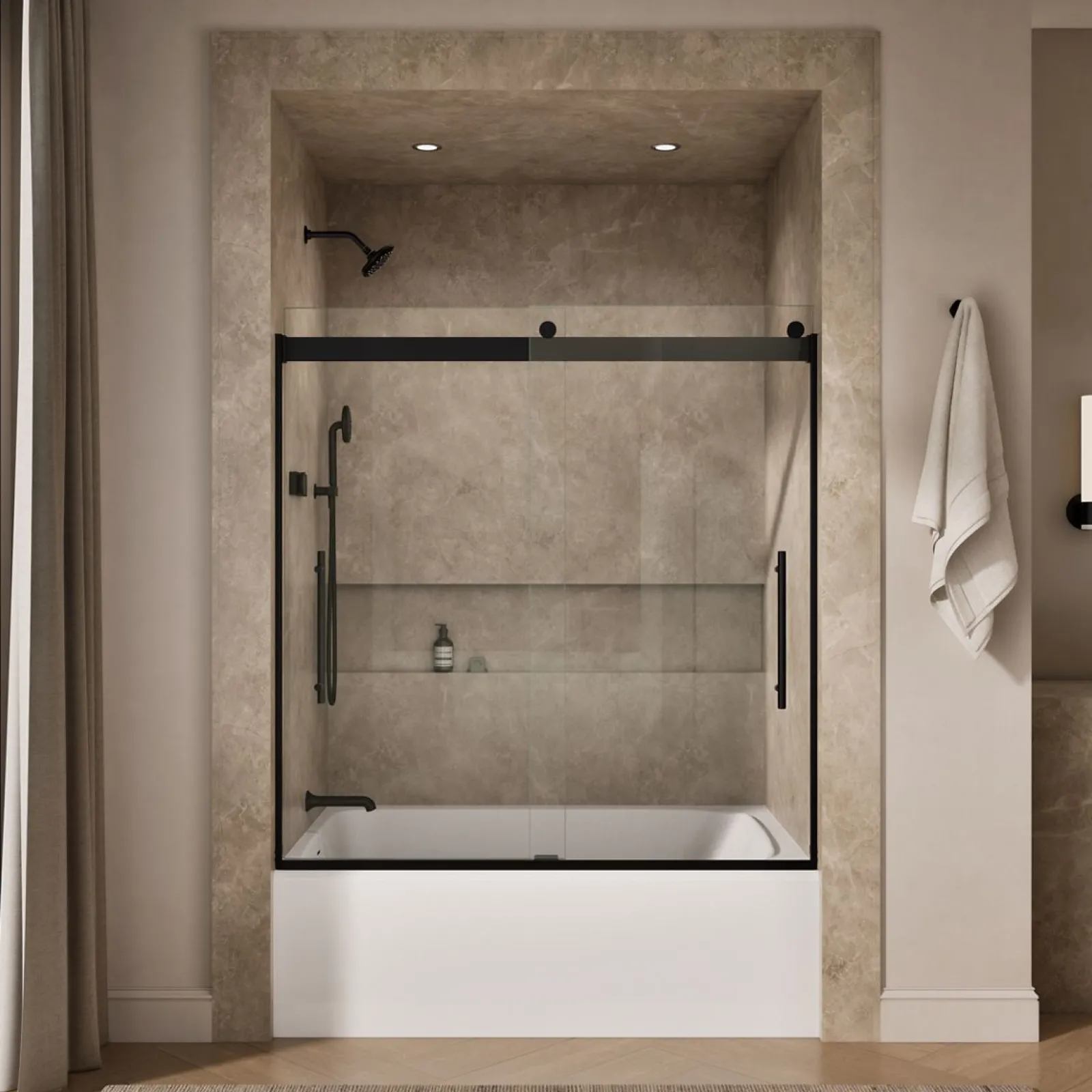 56-5/8"-59-5/8" W x 61.53" H bypass bath door with 5/16"-thick Crystal Clear glass^Kohler Hot
