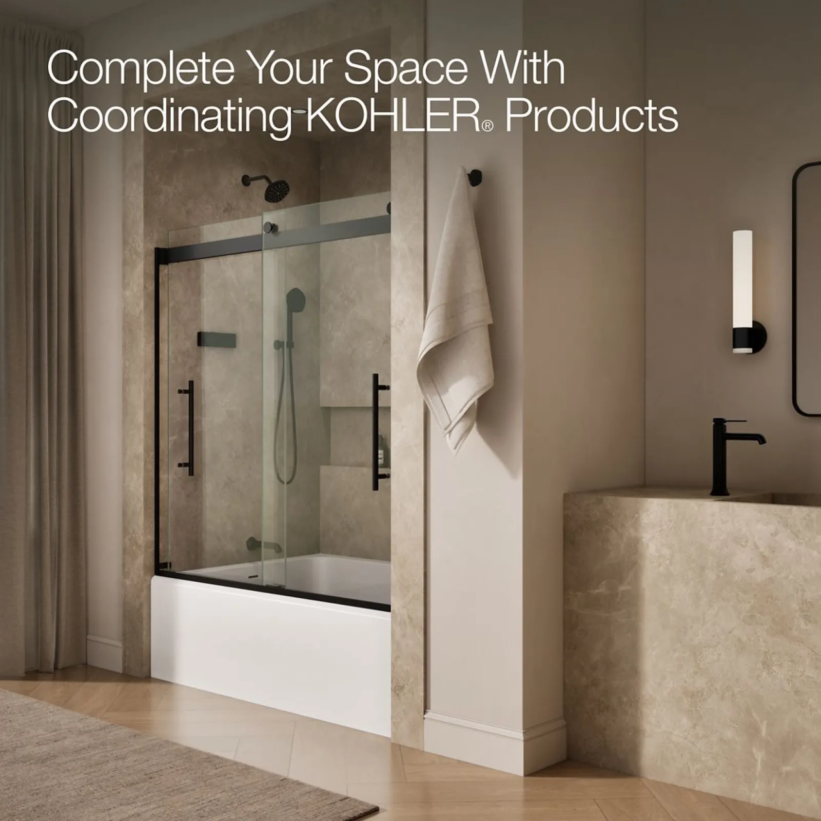 56-5/8"-59-5/8" W x 61.53" H bypass bath door with 5/16"-thick Crystal Clear glass^Kohler Hot